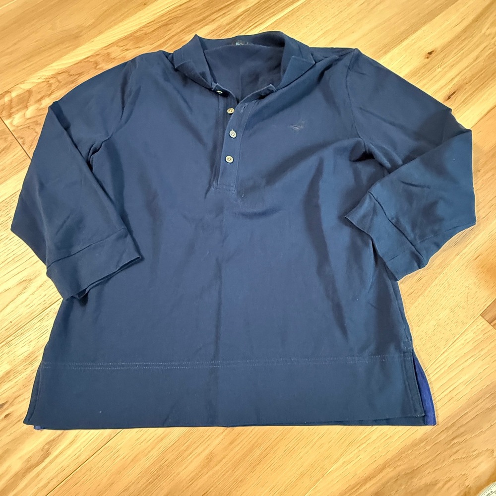 Faconnable Polo Shirt Women Large Navy Blue 3/4 Sleeve Cotton Blend Stretch